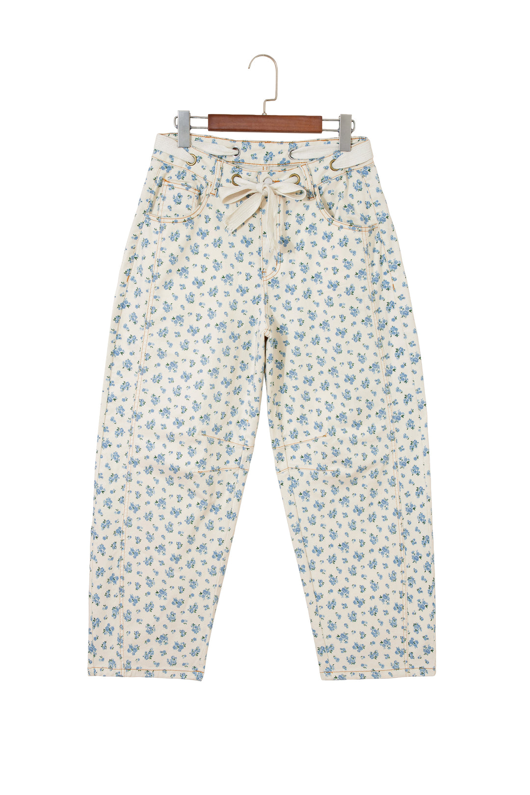 Beige Grommet Knot Waist Floral Barrel Leg Jeans