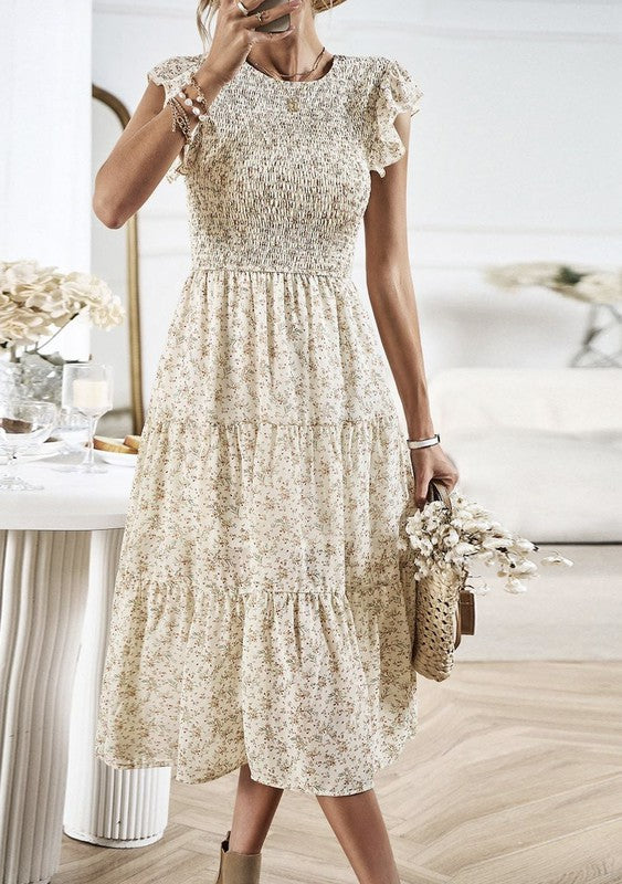 Miss Sparkling Floral Print Smocked Dress