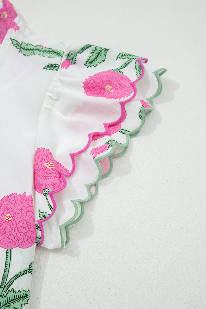 Pink Wild Flower Print Contrast Trim Scallop Detail Short Sleeve Blouse