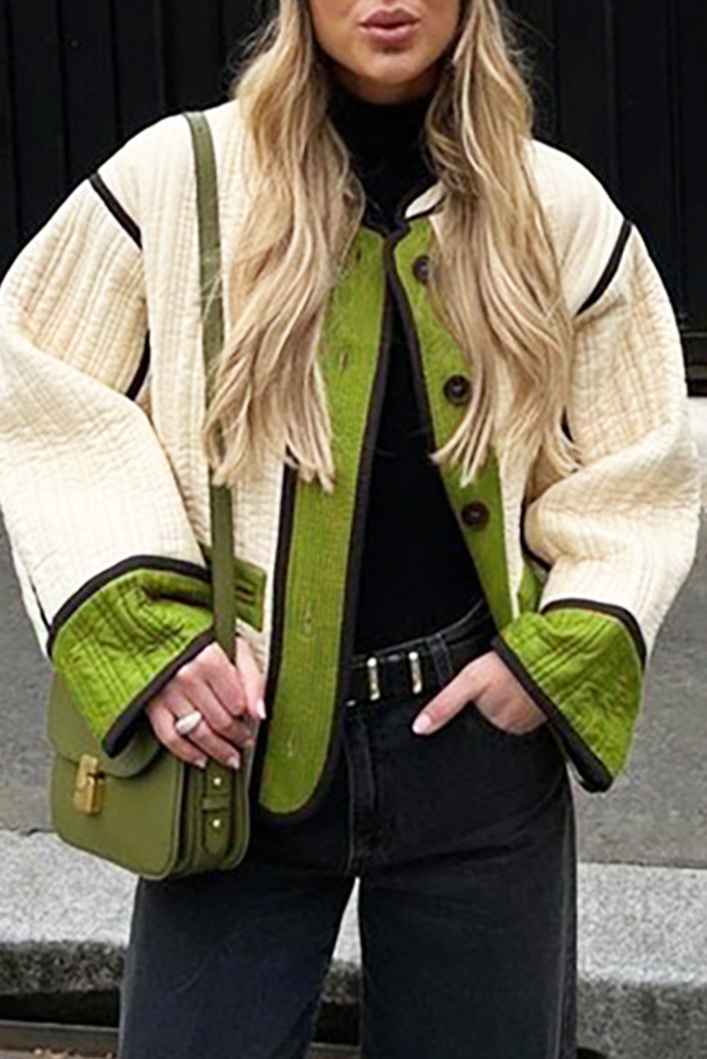 Fern Green Quilted Colorblock Button Up Puffer Coat