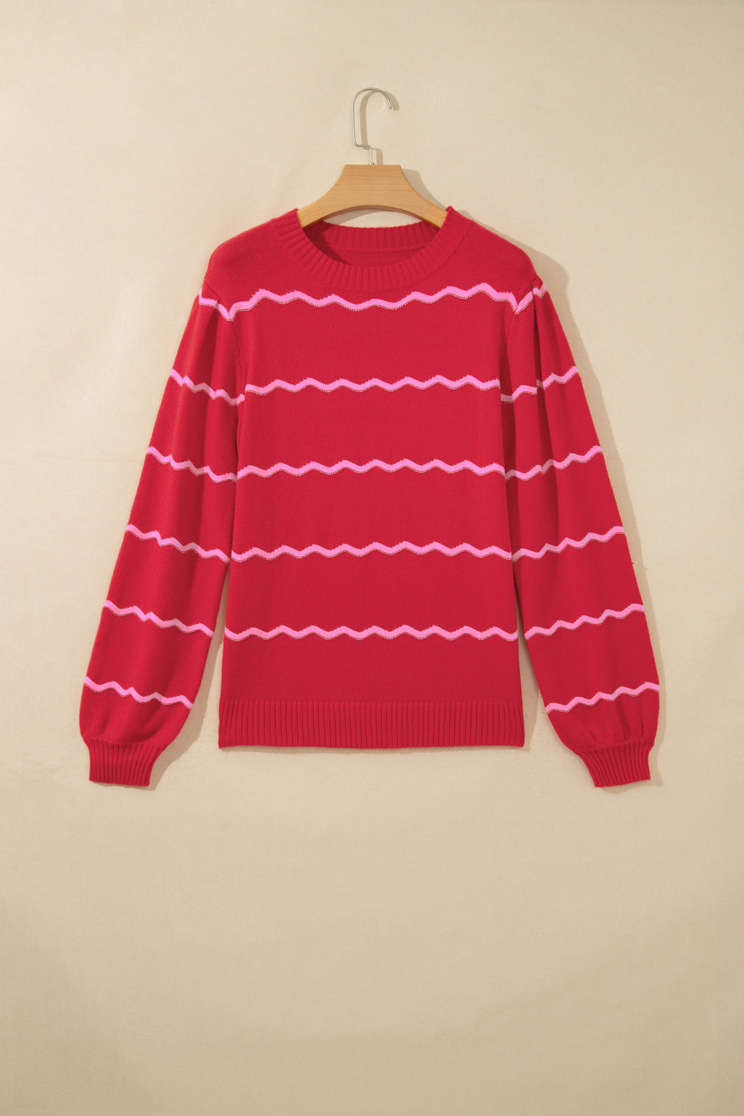 Red Stripe Striped Round Neck Long Sleeve Shift Pullover Sweater