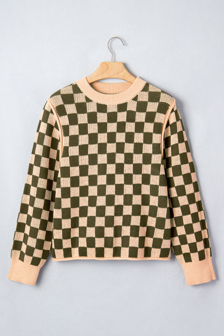 Multicolour Drop Shoulder Plaid Knit Long Sleeve Sweater