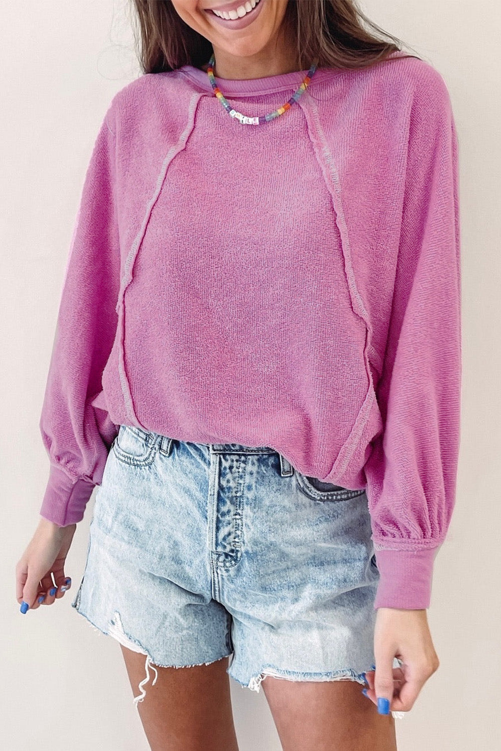 Pink Exposed Seam Round Neck Terry Pullover