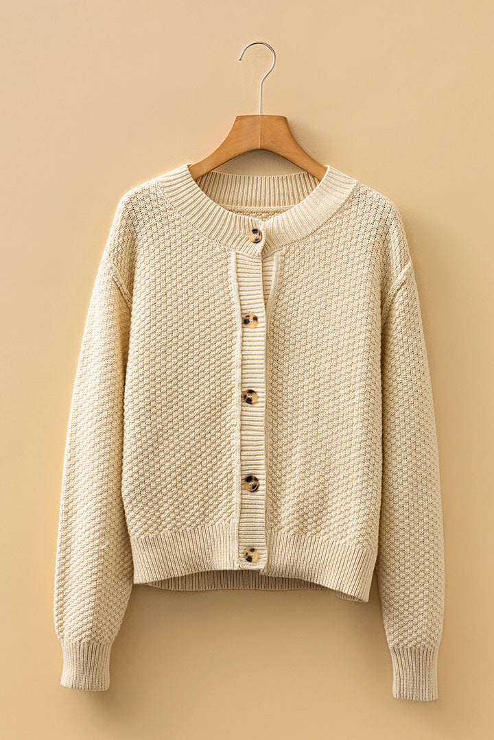 Beige Button Front Cropped Cardigan Sweater