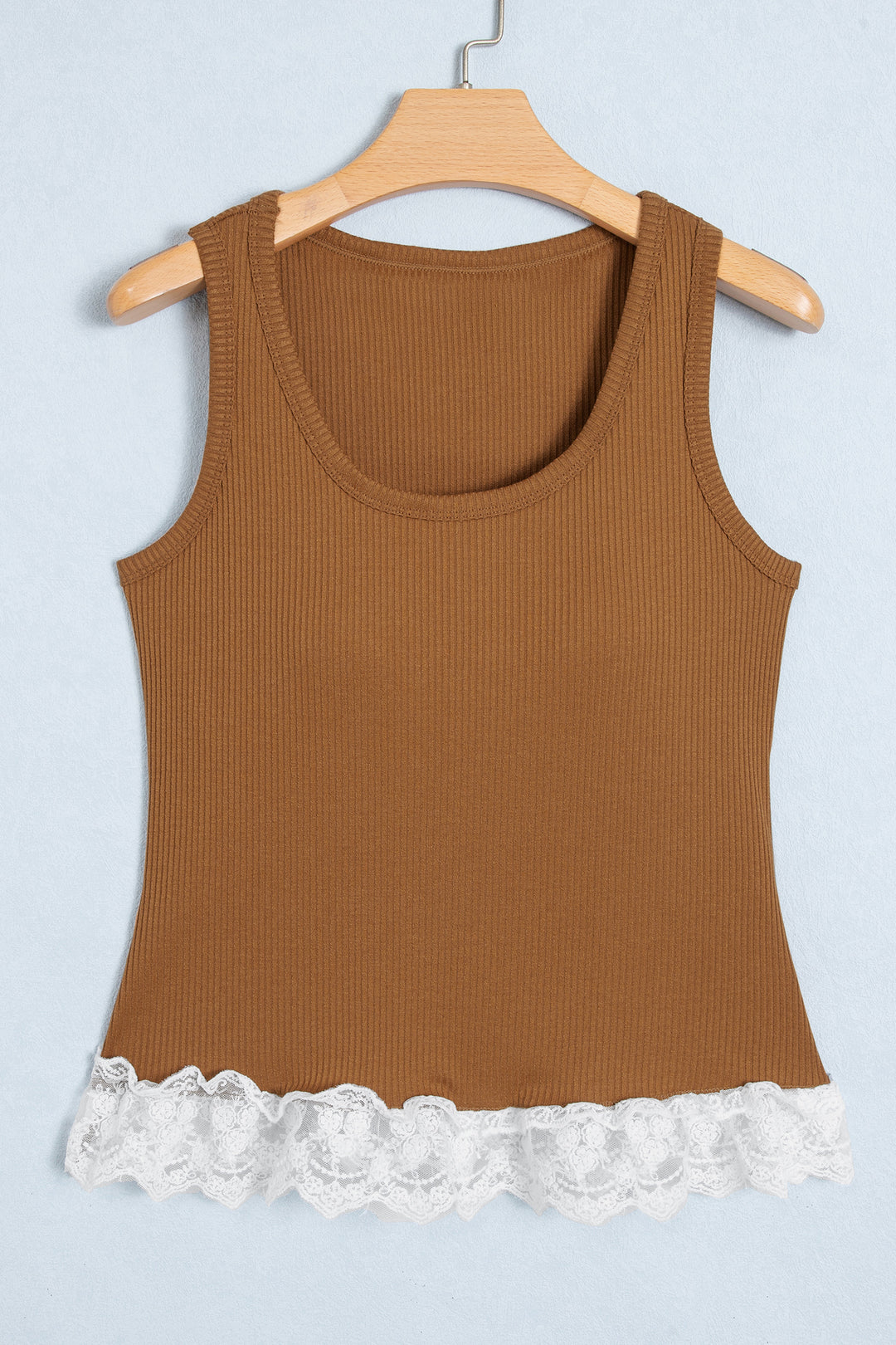 Beige Ribbed Knit Sweet Lace Hem Vest