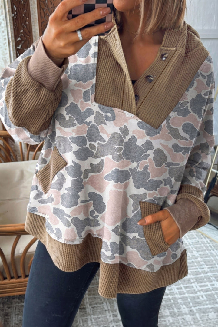 Khaki Camouflage Print Waffle Knit Patchwork Half Zip Plus Size Hoodie
