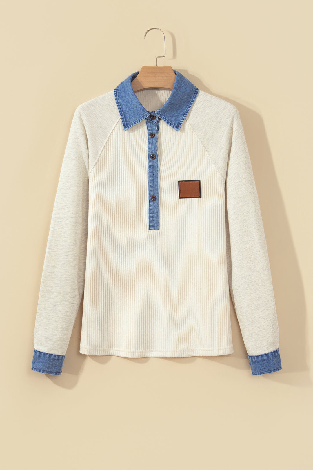 Light Grey Ribbed Denim Colorblock Detail Button Collar Long Sleeve Top