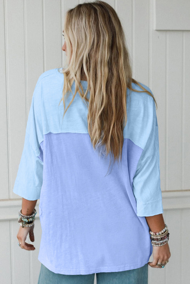 Light Blue Flower Patched Exposed Seam Bracelet Sleeve Oversized T Shirt