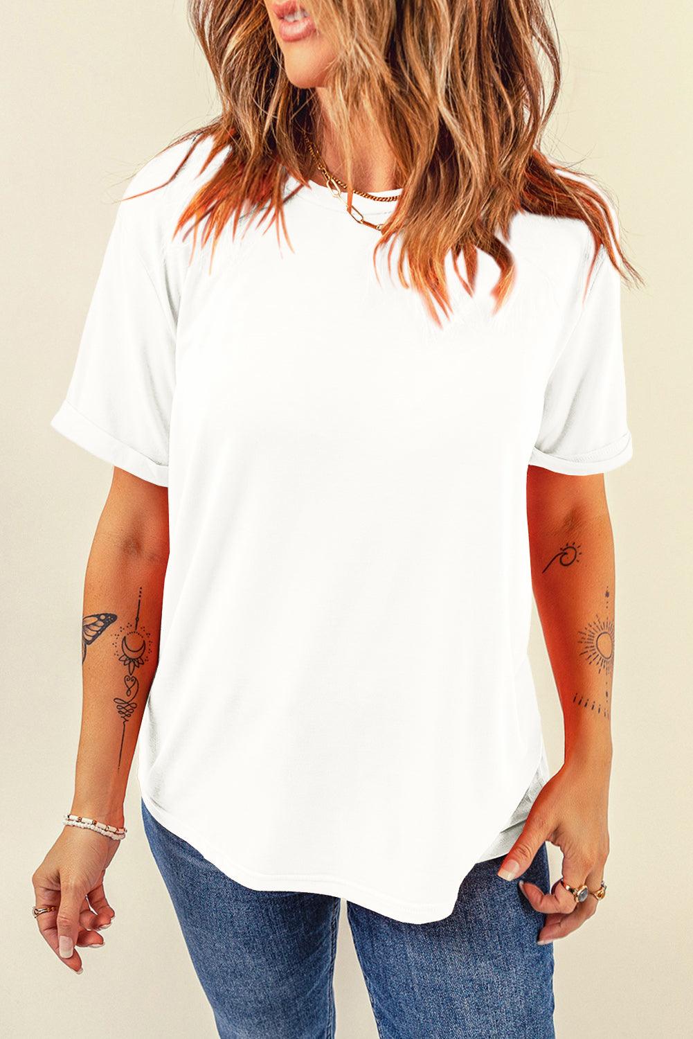 White Casual Plain Crew Neck Tee