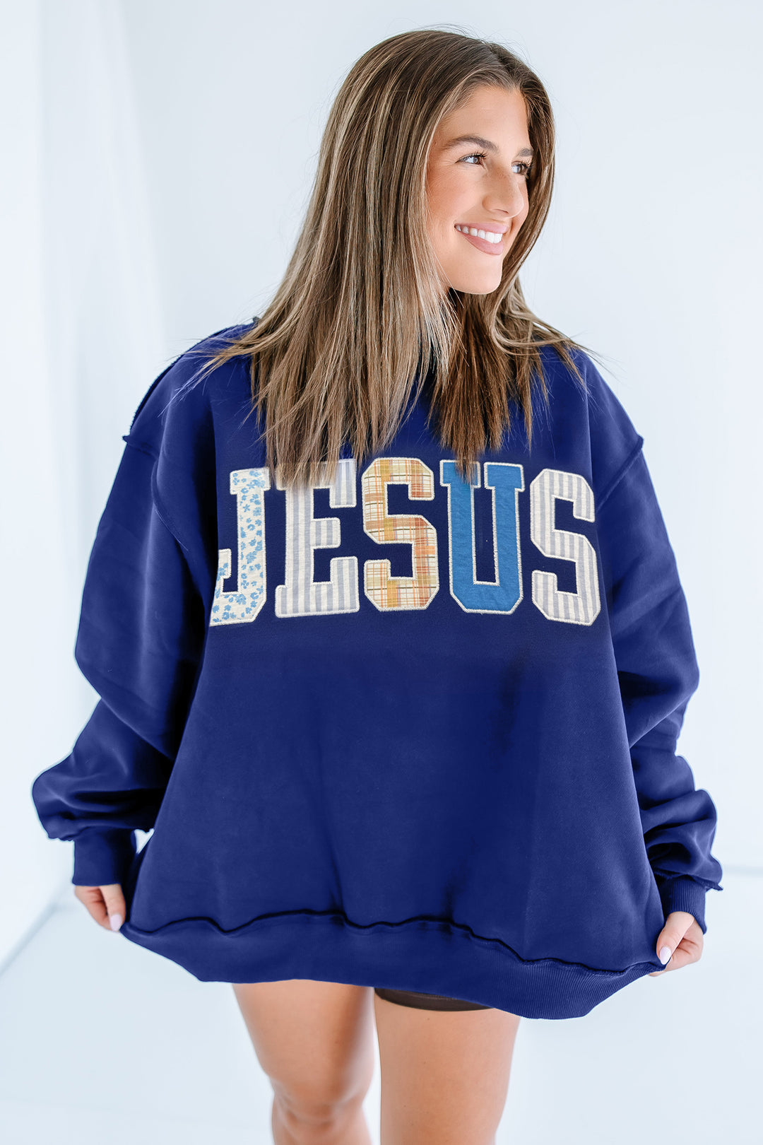 Navy Blue JESUS Mixed Pattern Embroidered Patch Graphic Mock Neck Sweatshirt