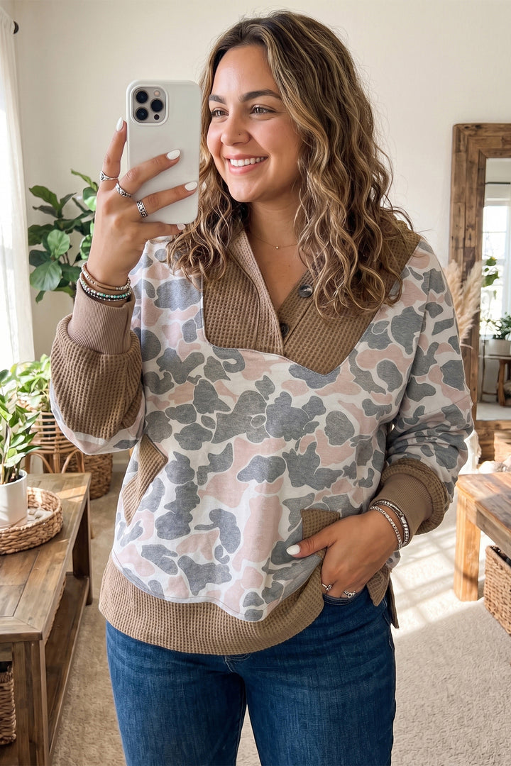 Khaki Camouflage Print Waffle Knit Patchwork Half Zip Plus Size Hoodie