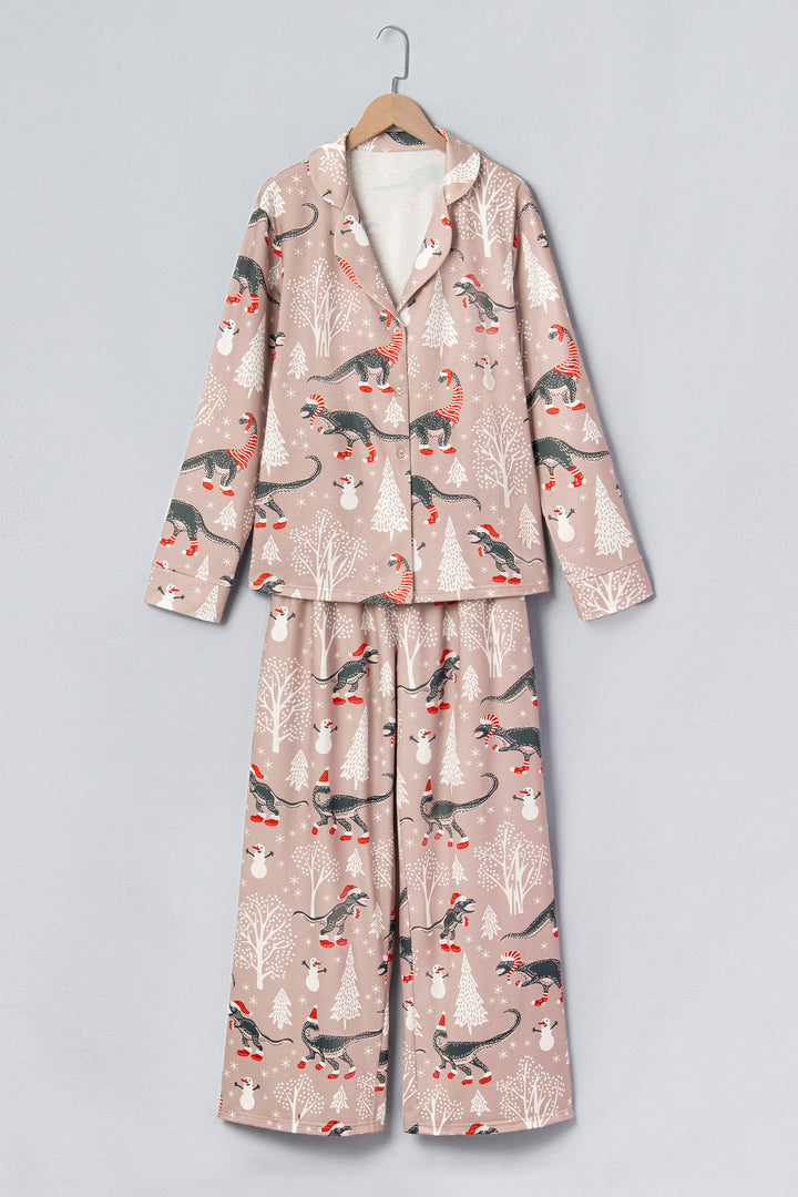 Brown Abstract Print Long Sleeve Two Piece Lounge Set