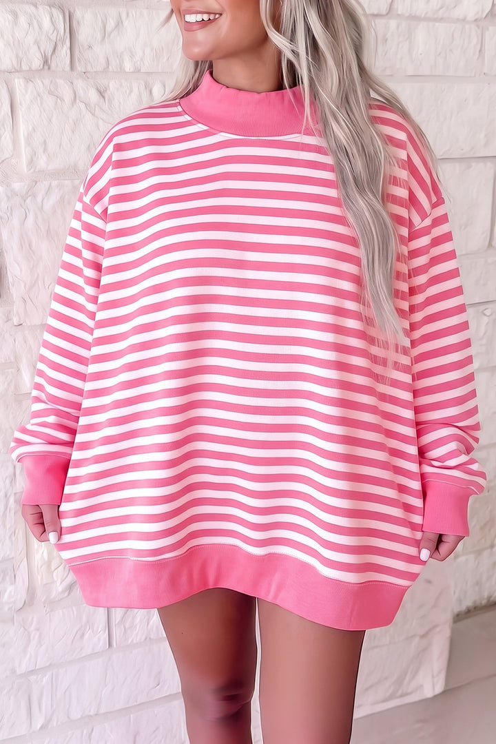 Gray Stripe Cozy Mock Neck Oversized Tunic Sweatshirt