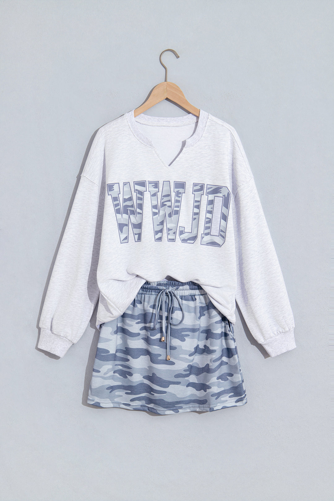 Gray Camo Letter Print Lounge Long Sleeve Top Skort 2pcs Set