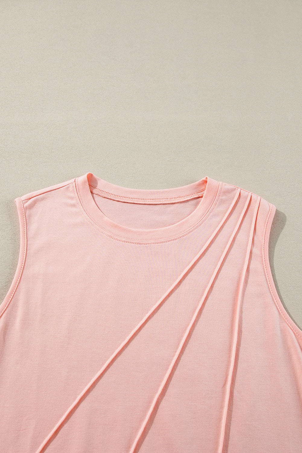 Light Pink Crew Neck Pleated Tank Top