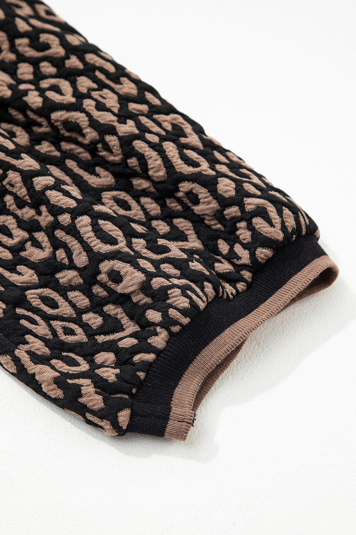 Black Leopard Print Puffy Bracelet Sleeve Contrast Trim Round Neck Top