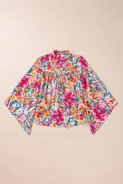 Multicolour Floral Print Bell Sleeve V Neck Blouse