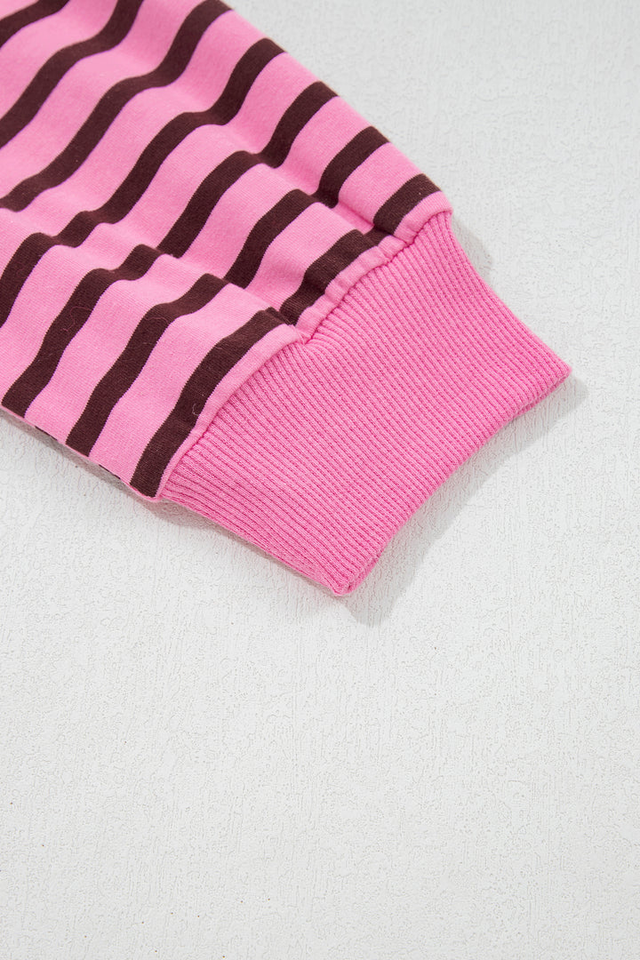 Pink Stripe V Neck Long Sleeve Drop Shoulder Blouse