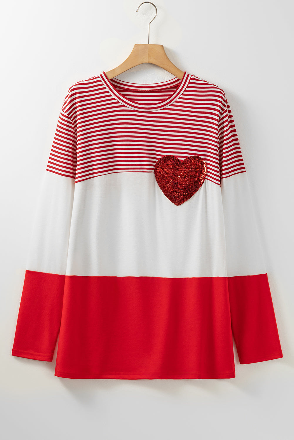 Fiery Red Valentine's Day Sequin Heart Striped Colorblock Top