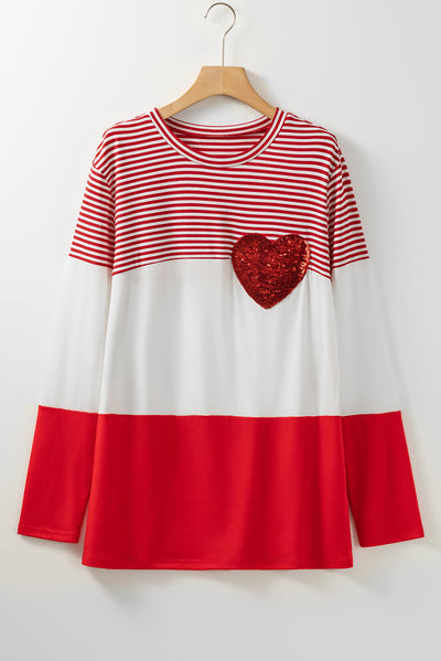 Fiery Red Valentine's Day Sequin Heart Striped Colorblock Top