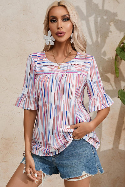 White Multicolor Striped Splash Half Sleeve Blouse