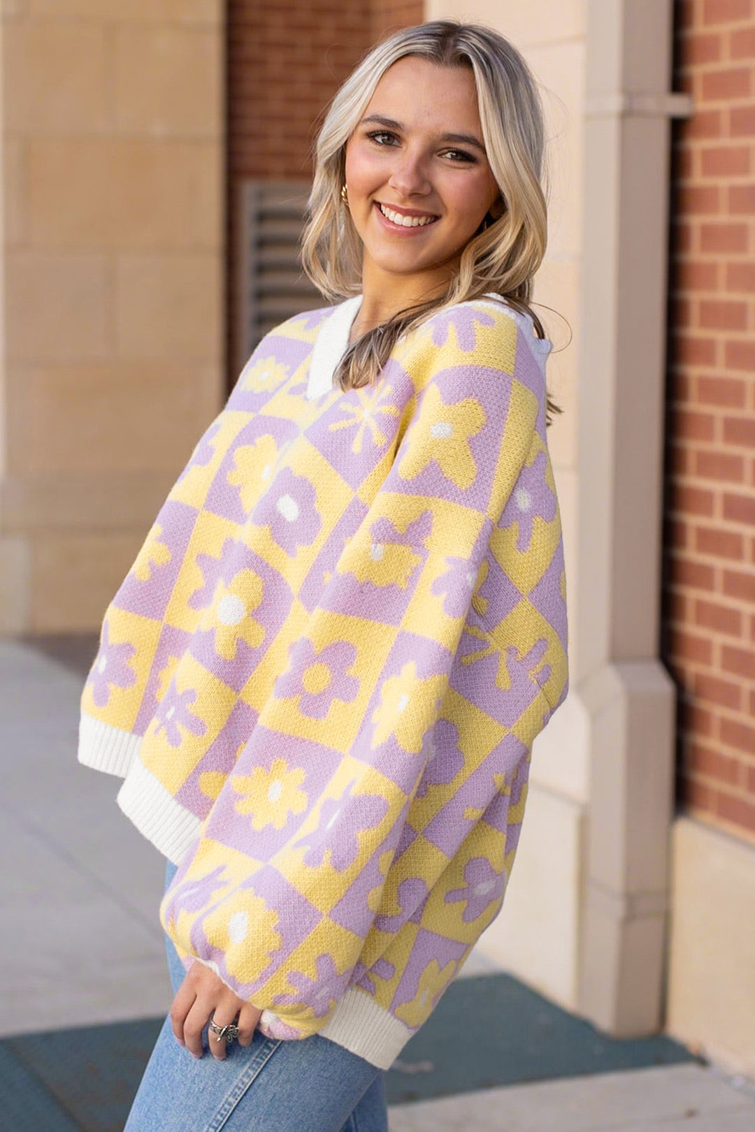 Multicolour V Neck Plaid Floral Long Sleeve Plus Size Sweater
