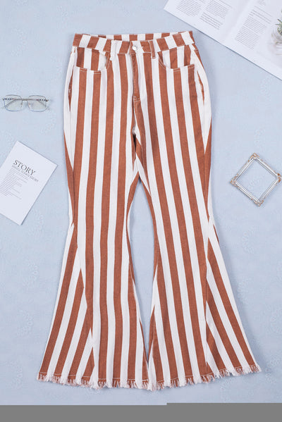 Brown Striped Fringe Bell Bottom Denim Pants