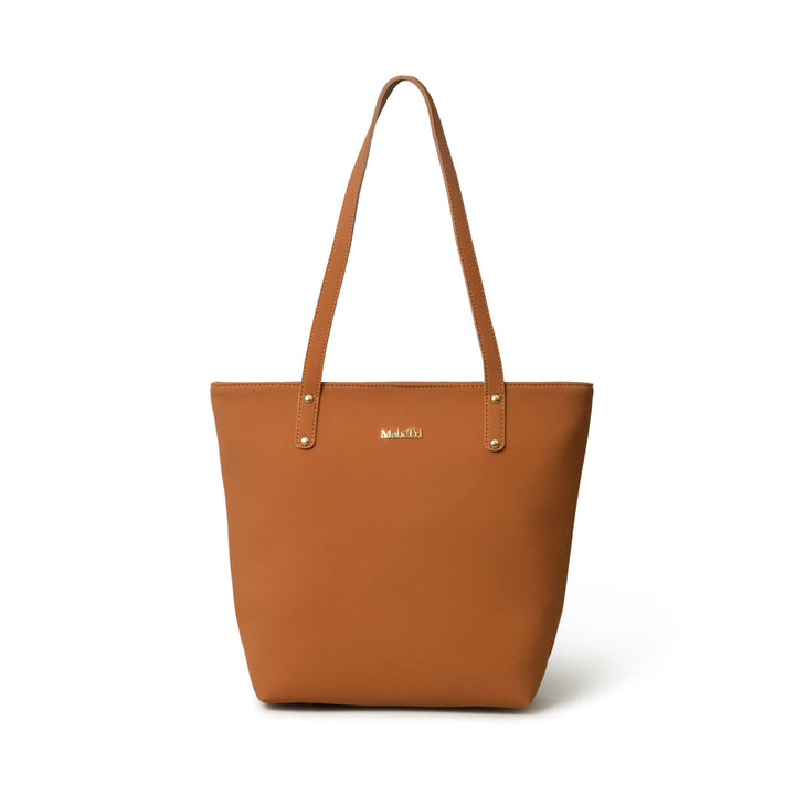Brown tote bag with gold handle on a white background