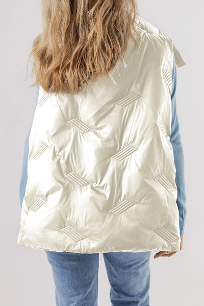 White quilted high neck zip up jacket vest back view