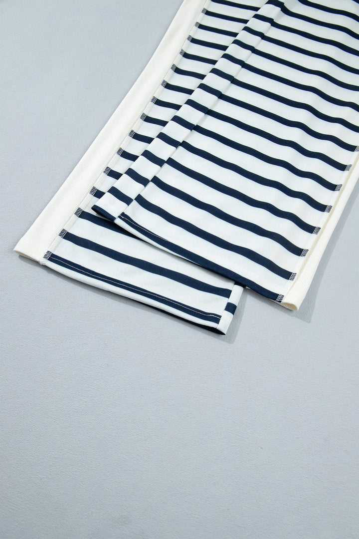 Blue Stripe Striped Ribbed Cuff Collar Pocket Loose Pant Set