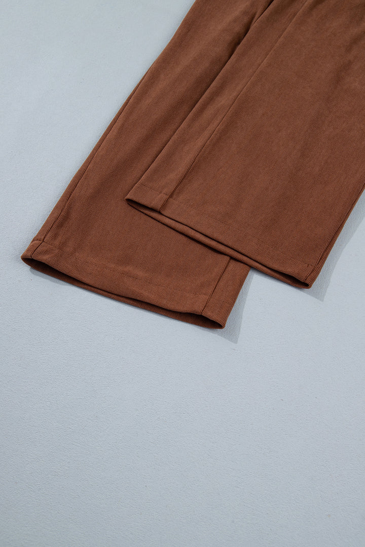 Coffee Elastic Waist Straight Leg Ankle Length Corduroy Pants