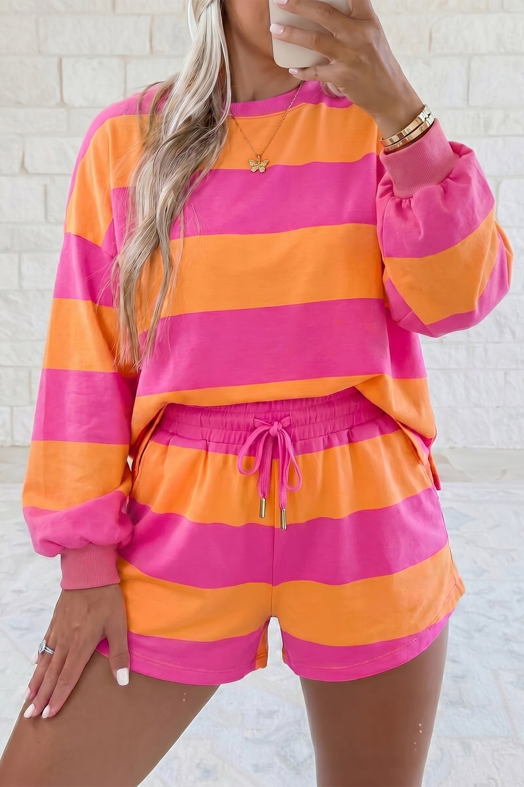 Pink Stripe Long Sleeve Casual Top Drawstring Shorts 2pcs Set