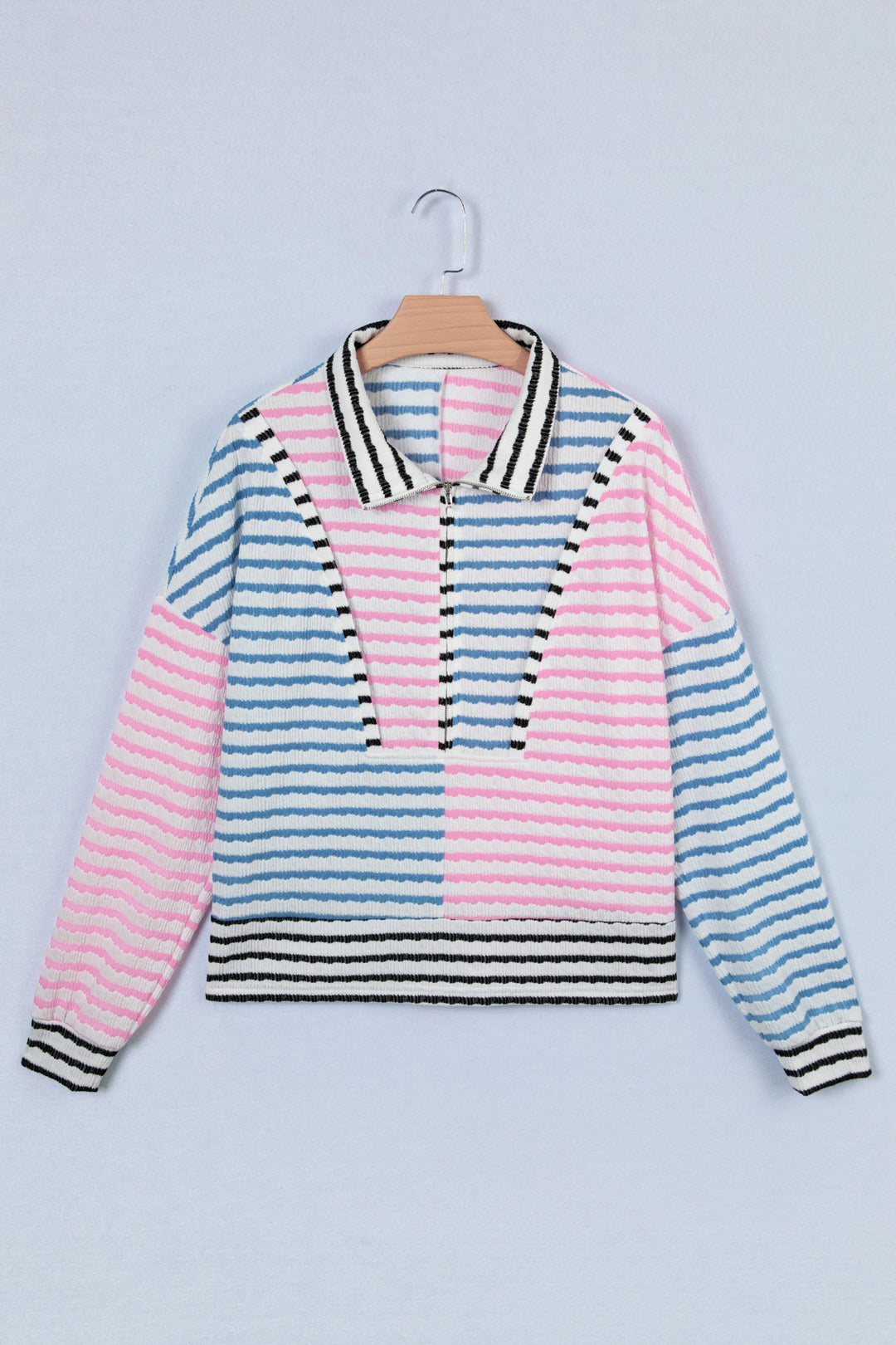 Multicolour Striped Color Block Patchwork Half Zip Drop Shoulder Long Sleeve Top