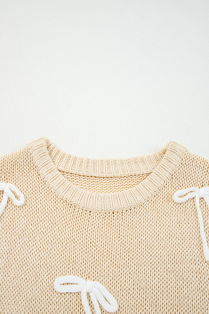 Parchment Bowknot Applique Cap Sleeve Sweater