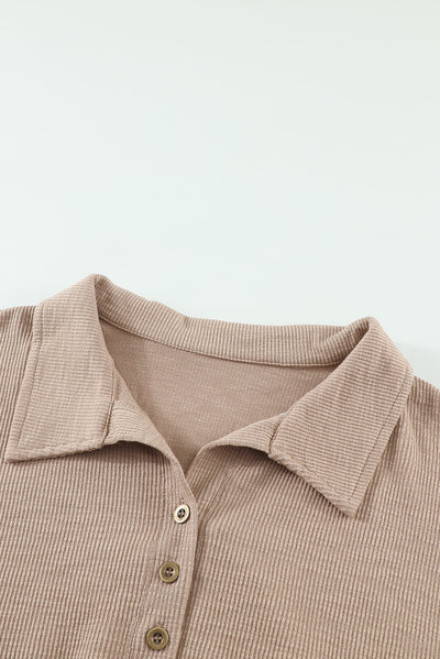 Khaki Button Front Turn-down Neck Knit Top