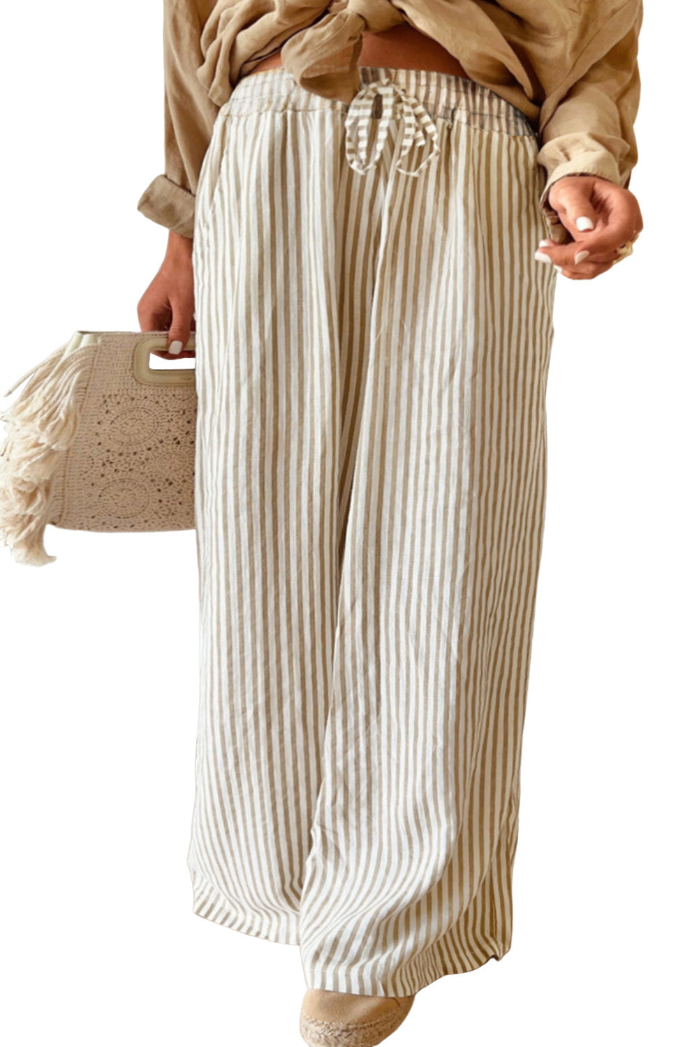 Khaki Stripe Plus Size Drawstring High Waist Wide Leg Pants