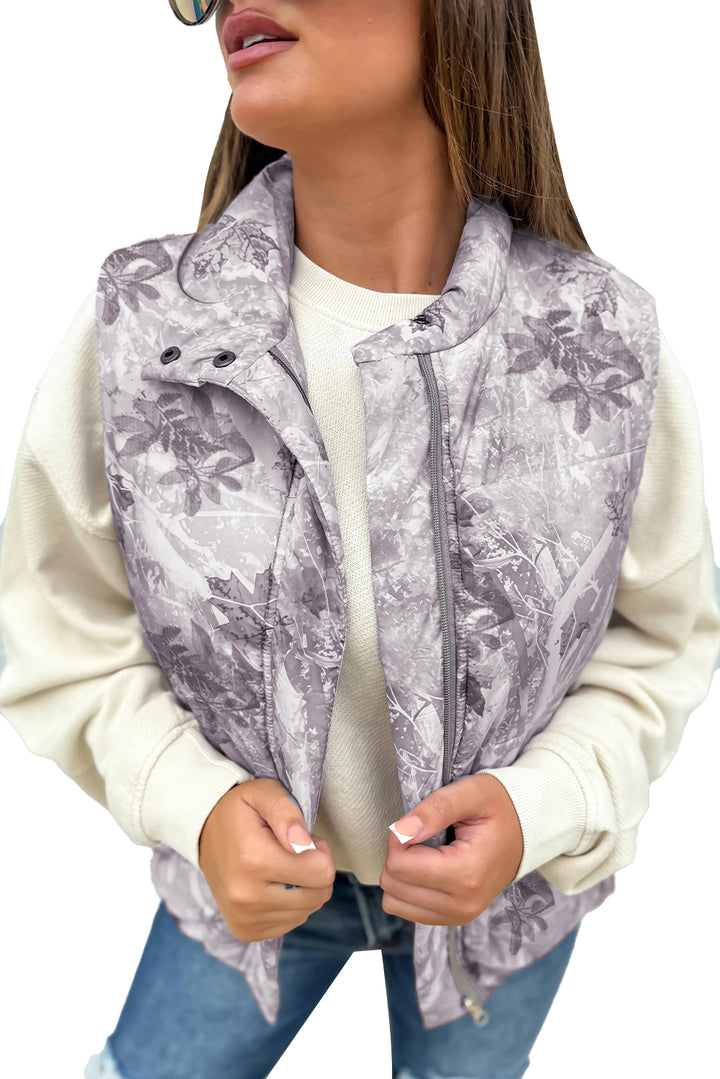 Gray Camo Leaf Print Winter Puffer Vest