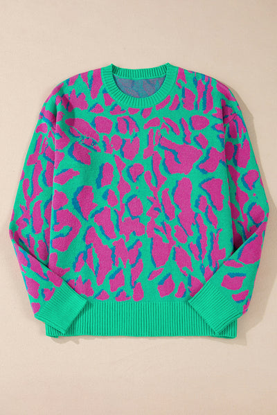 Green Abstract Print Ribbed Trim Baggy Sweater