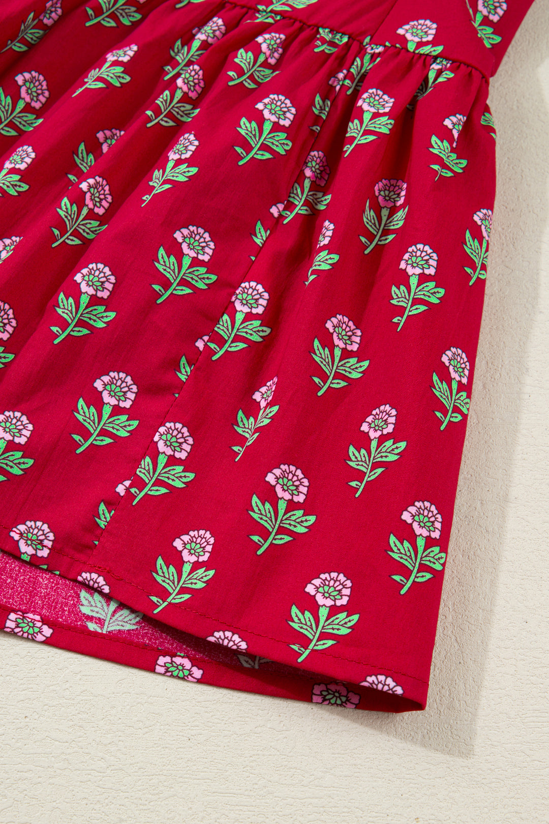 Red Floral Print Contrasted V Neck Short Bubble Sleeve Mini Dress