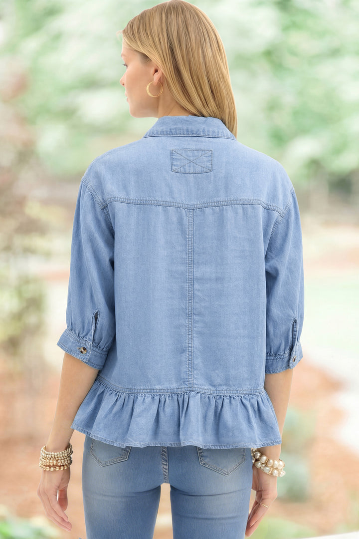 Beau Blue Half Sleeve Button Down Ruffled High Low Chambray Shirt