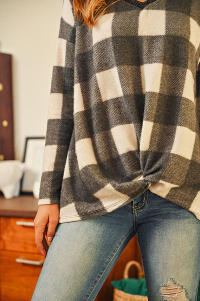 Brushed V-Neck Plaid Long Sleeve Knot Top