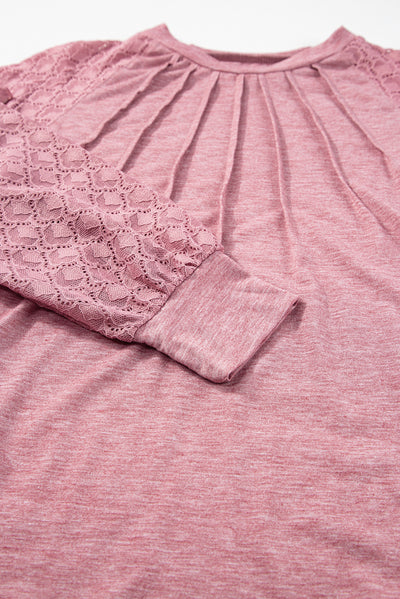 Rose Pink Contrast Lace Raglan Sleeve Plicate Round Neck Top