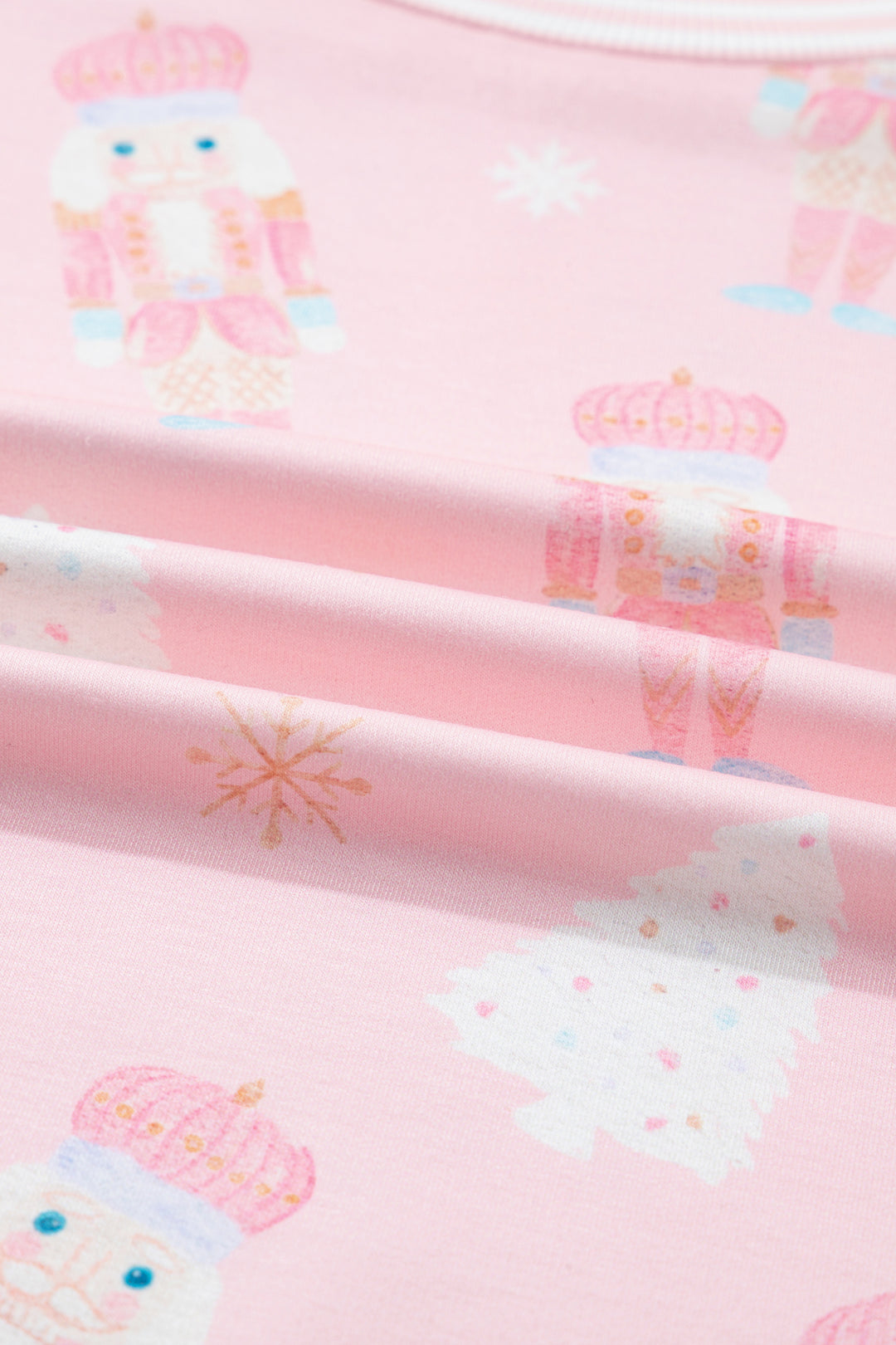 Pink Christmas Tree Nutcracker Doll Print Contrast Trim Long Sleeve Top Matching Shorts Set