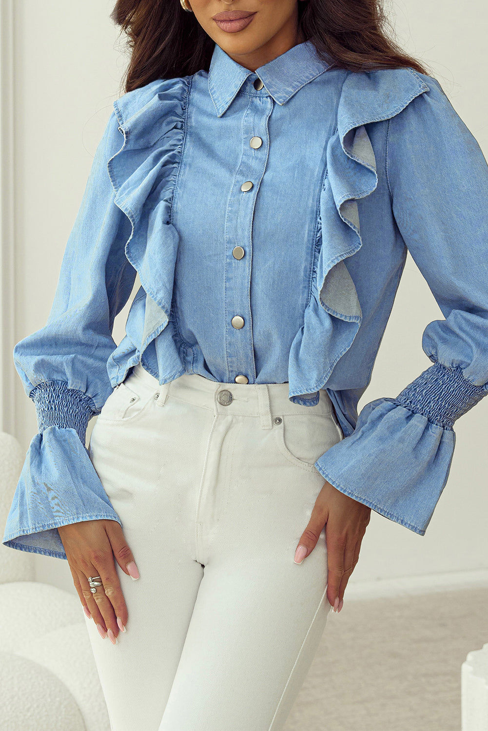 Myosotis Ruffled Shirred Cuffs Button up Chambray Shirt