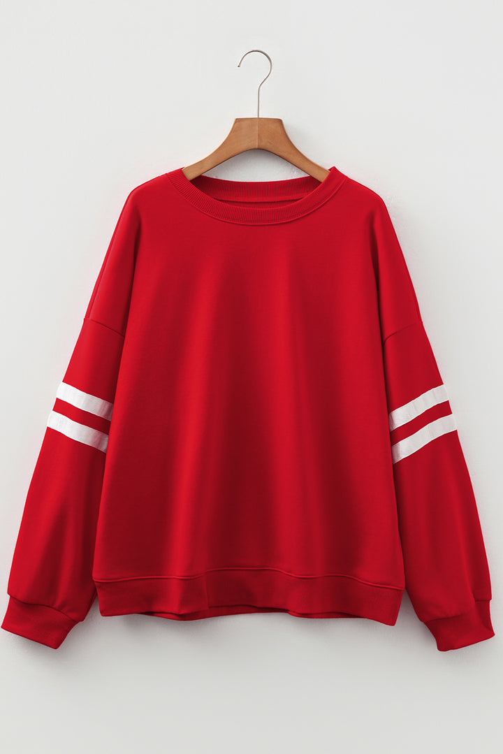 Fiery Red Varsity Striped Detail Crew Neck Plus Sweatshirt