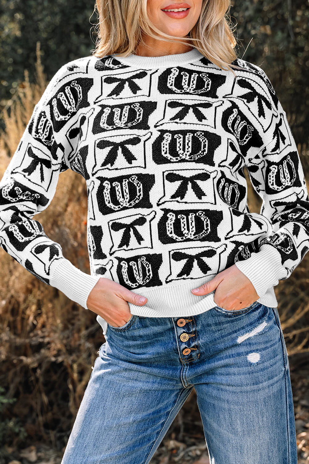 Black Bows &amp; Horseshoes Pattern Western Fashion Print Sweater