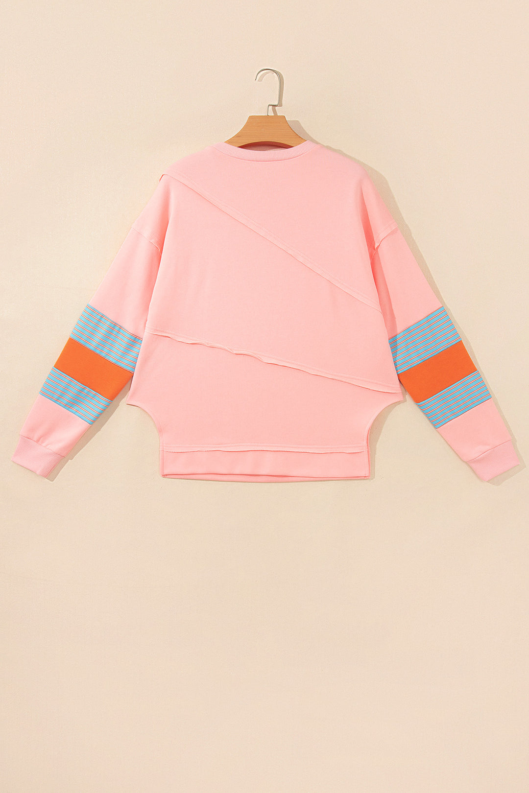 Pink Colorblock Striped Patchwork Long Sleeve Round Neck Blouse