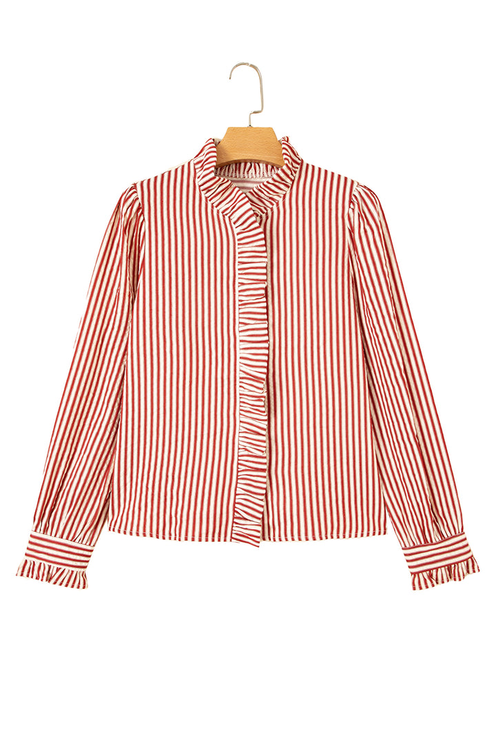 Red Stripe Textured Ruffle Trim Button-Up Long Sleeve Shirt
