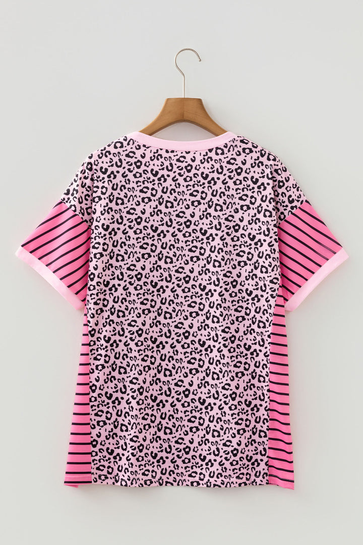 Pink Leopard Striped Contrast Patchwork Plus Size Tee