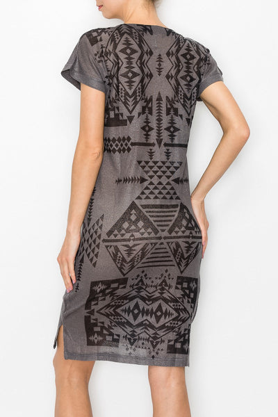 Short Sleeve Aztec Print Dress - Grey